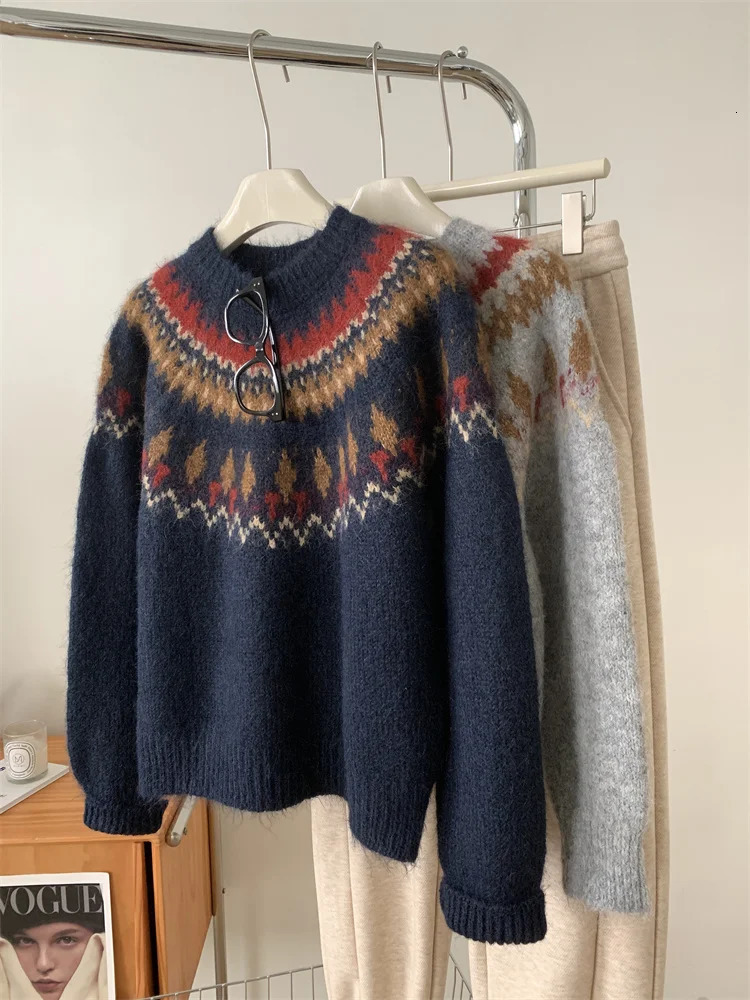 Contrasting Jacquard For Women Loose Casual Thick And Warm 24autumnwinter Wool Knit Sweater 251023
