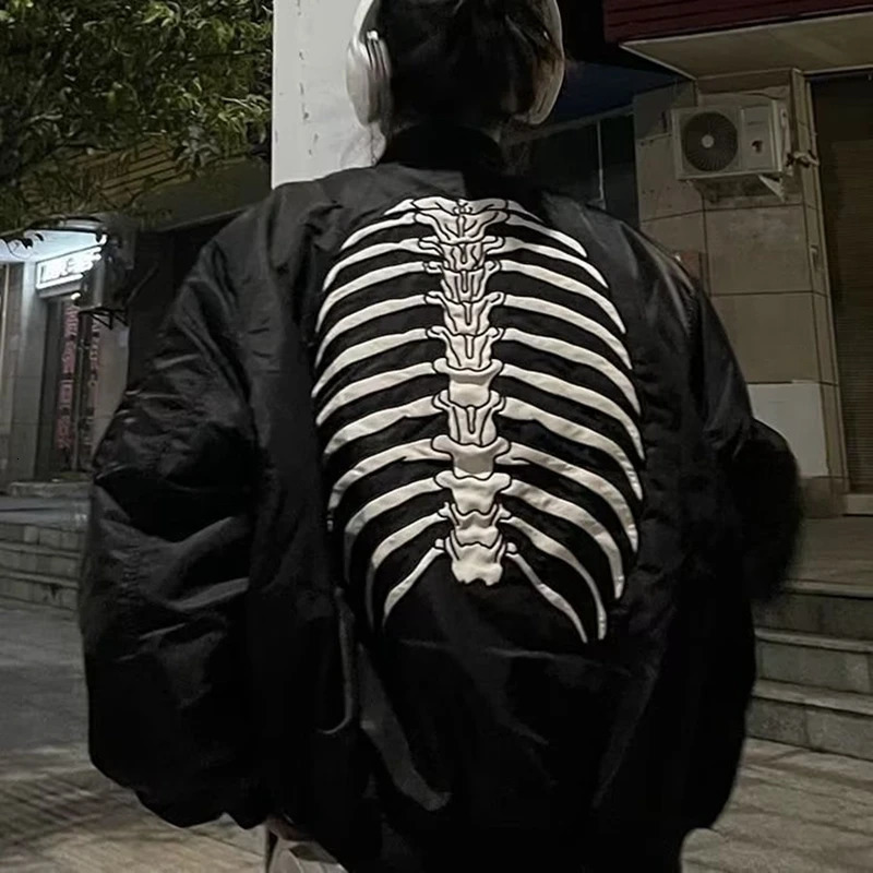 y2k Bomber Jackets Men Women Black Gothic Skeleton Harajuku Baseball Varsity Jacket American Vintage Autumn Outerwear 251023