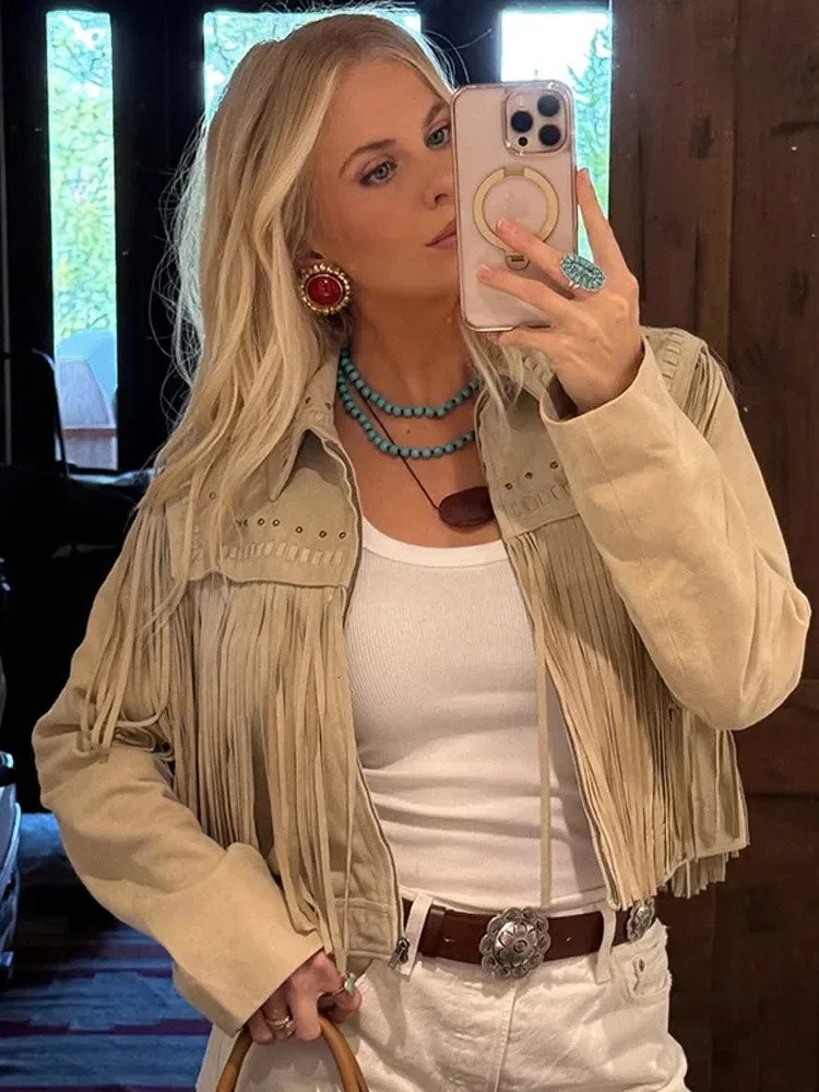Short Pu Suede Jacket Women Fashionable Long Sleeve Tassel Lapel Collar Cropped Slim Coat Lady Street Outerwear 251020