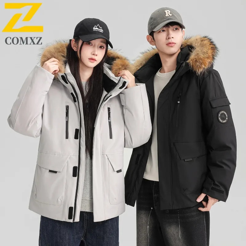 COMXZ Winter Down Jacket Men Women Highquality Warm Fluffy Fur Collar White Duck Down Coat Parkas Korean Hooded Ski Puffer 251020