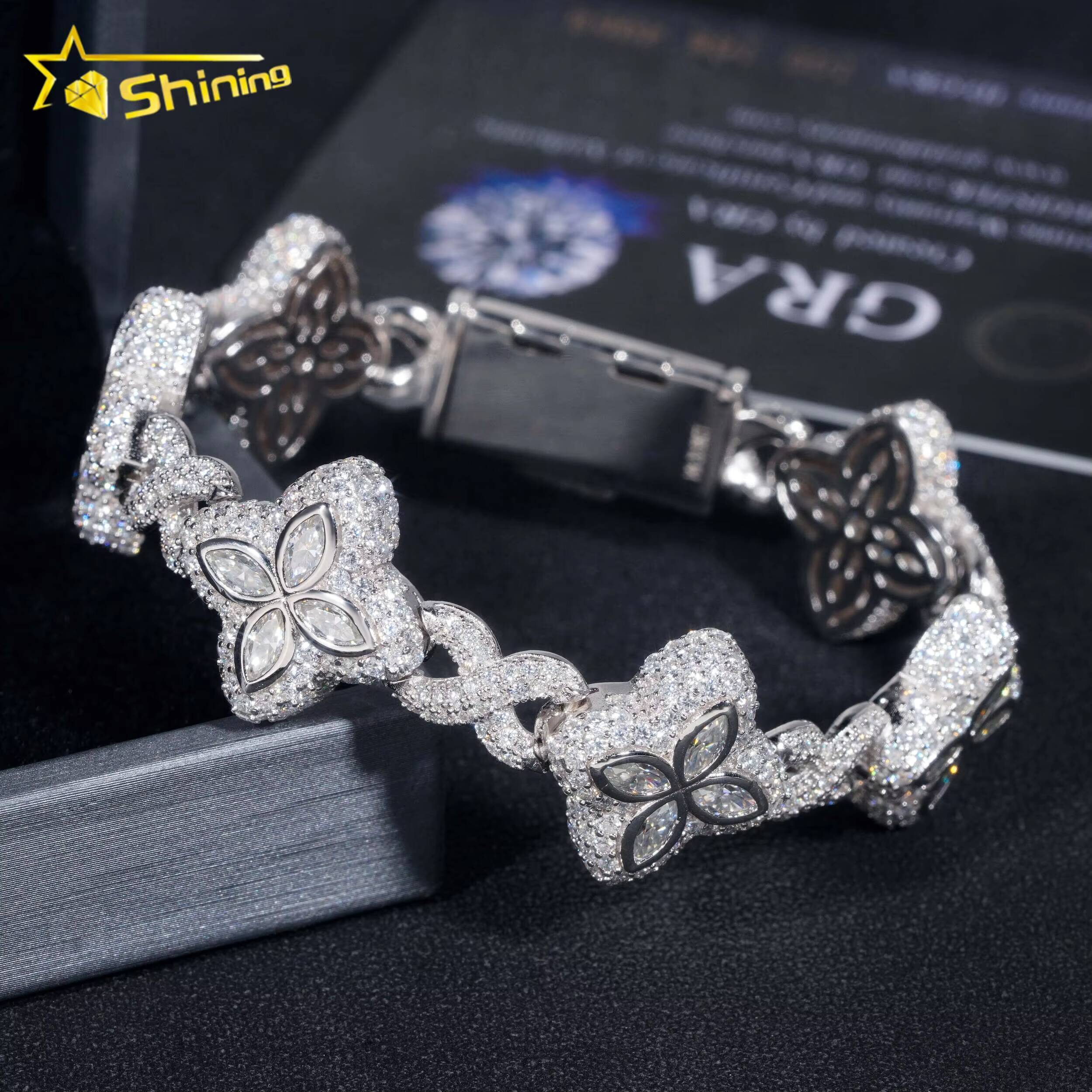 New Arrivals Fashion Fine Jewelry 925 Sterling Silver Vvs Moissanite Diamond Four Leaf Clover Tennis Bracelet