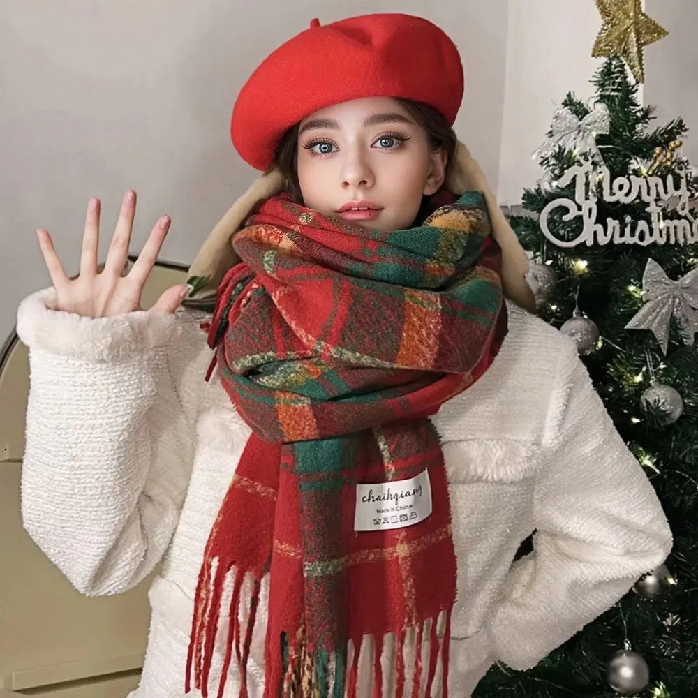 Winter Cashmere Warm Scarf for Women Doublesided Pashmina Thickened Green Scarf Christmas Year Gift Shawl 251024