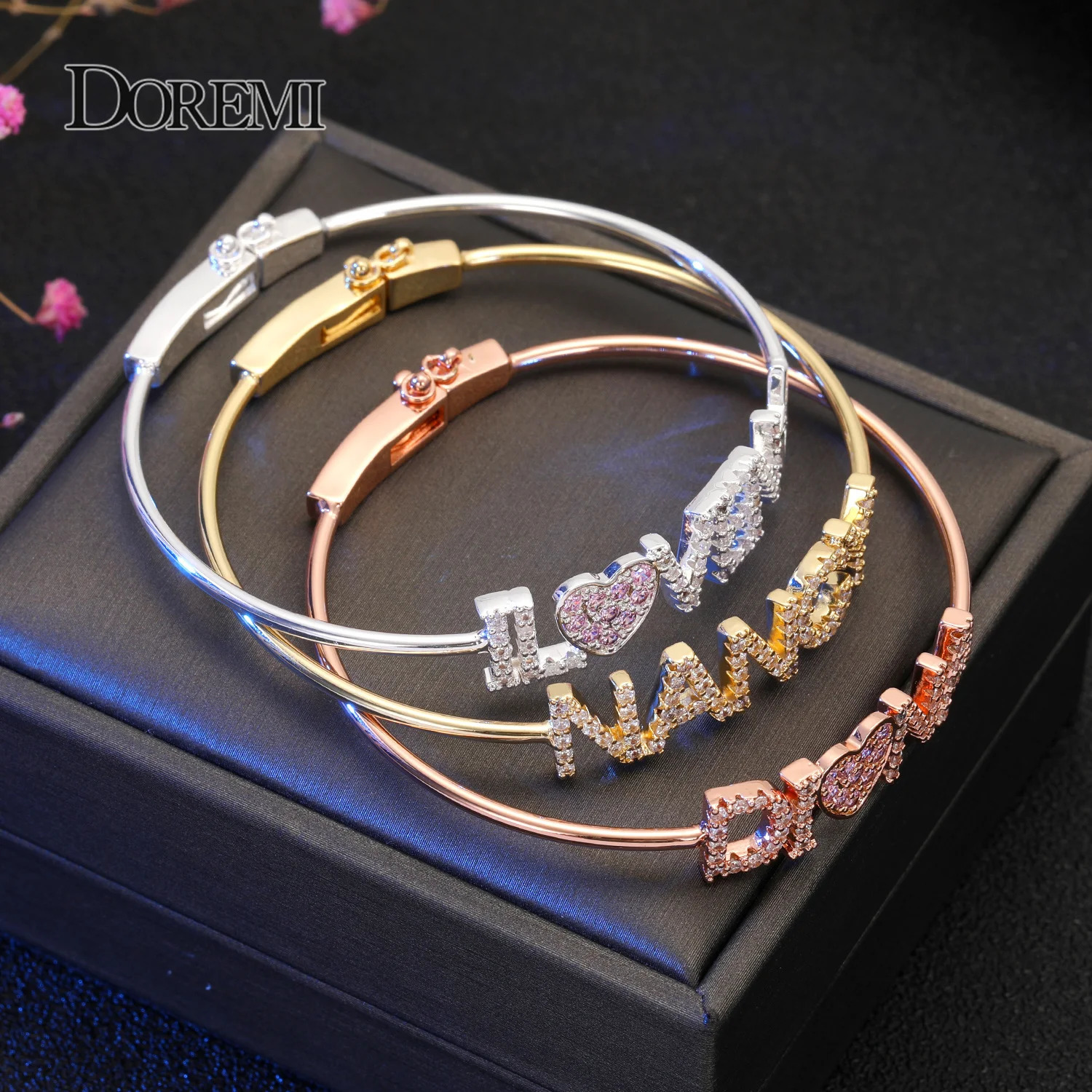 DOREMI Crystal Name Bangle with Zircon Pink Heart Bracelet Custom 9mm Letter Personalized Bracelets Rhinestone Hand Jewelry 251023