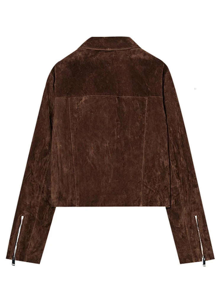 Vintage Womens Zipper Suede Short Jacket Long Sleeve Lapel Pockets Brown Slim Coat Autumn Lady Allmatch Outwears 251020