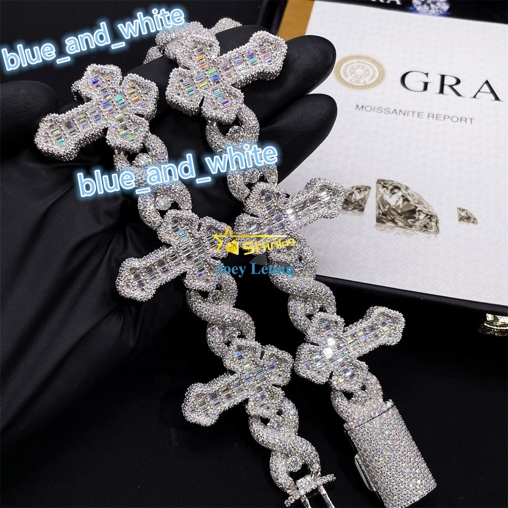 Luxury Cross Design Hip Hop Jewelry 925 Silver Charm Iced Out VVS Baguette Moissanite Cuban Bracelet