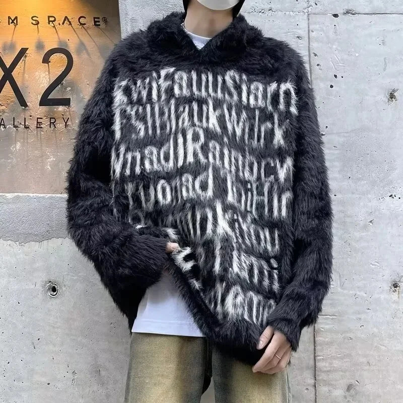 American Goth Fashion Hooded Sweater Mens Hip Hop Letter Jacquard Knitted Pullovers Y2K Streetwear Loose Jumpers Man 251020