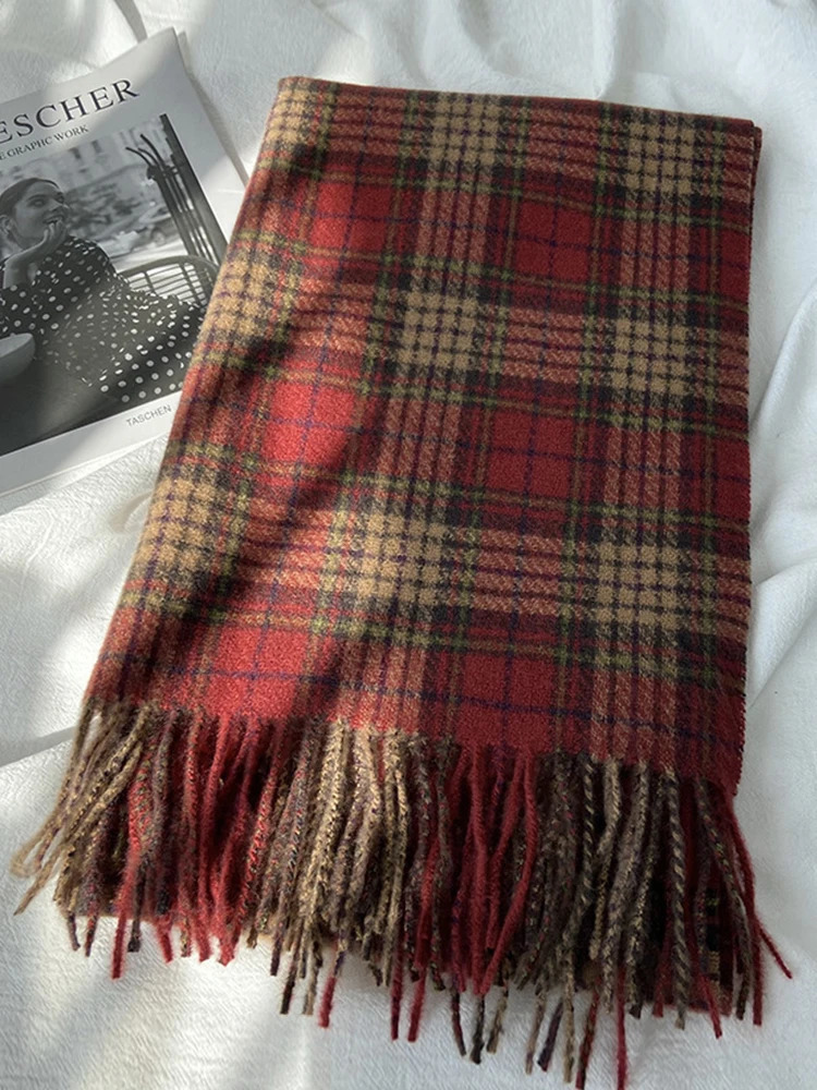 Winter Women Knitted Scarf Headscarf Lady Men Casual Red Green Plaid Tassel Scarve Mujer Male Foulard Wrap Shawl Christmas 251024