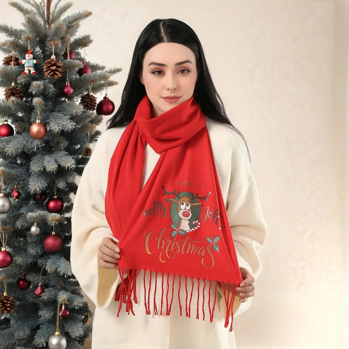 Christmas Red Printed Cashmere Scarf Pashmina Tassel Scarves Neck Protection Deer Elk Printed Wrap Gift Long Shawl 18330cm 251024