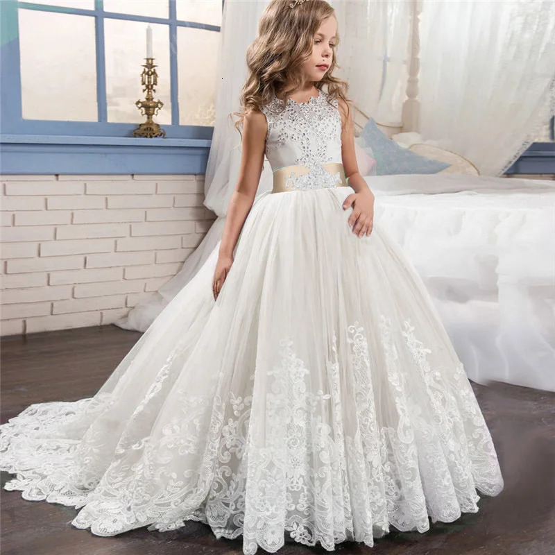 Trailing White Lace Kids Wedding Dress For Girls First Communion Evening Bridesmaid Dresses Children Girl Princess Party Dresses 251023