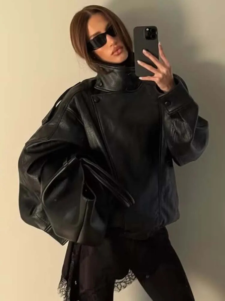 Women Leather Jackets Autumn Winter Fashion Laple Long Sleeves Zipper Loose Jacket Female High Street Elegant Coat 251020