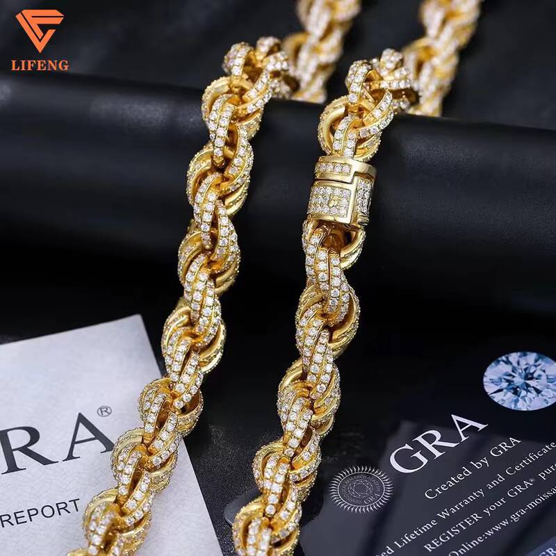 Fine Jewelry 925 Silver Gold Plated High Quality Hand Setting Iced Out VVS Moissanite Diamond HipHop Rope Chain Necklace for Men