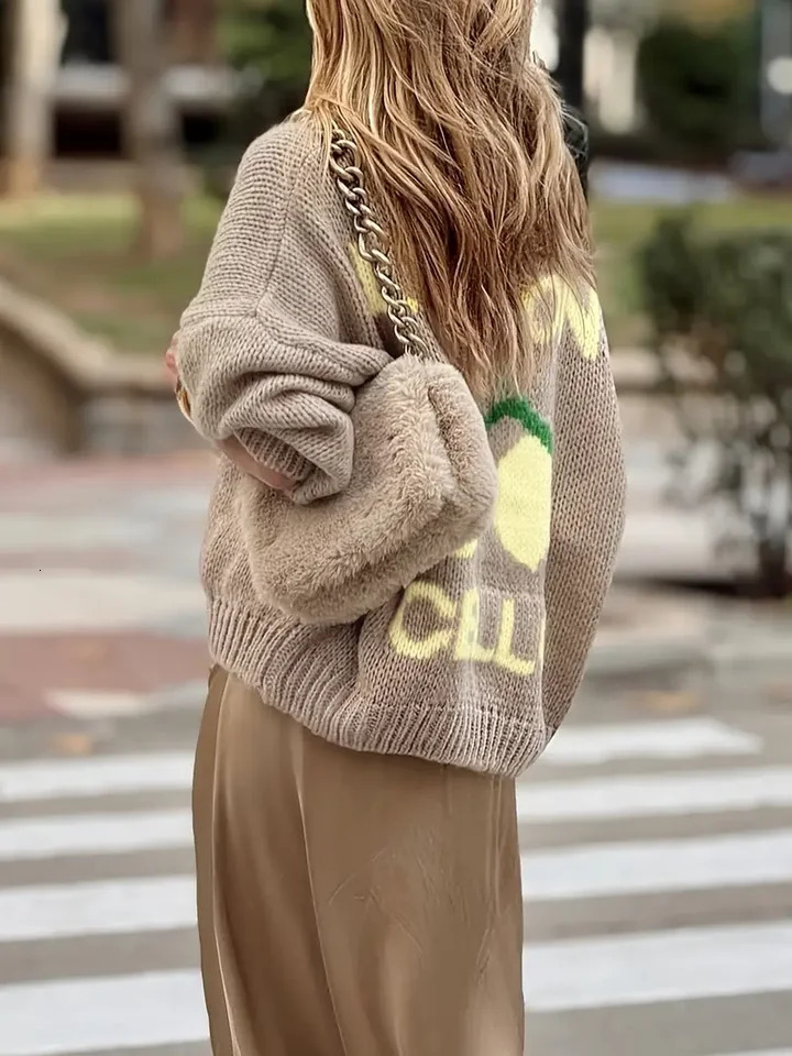 Womens fashionable casual long sleeved button sweater cardigan soft and comfortable loose lantern sleeve lemon knit 251015