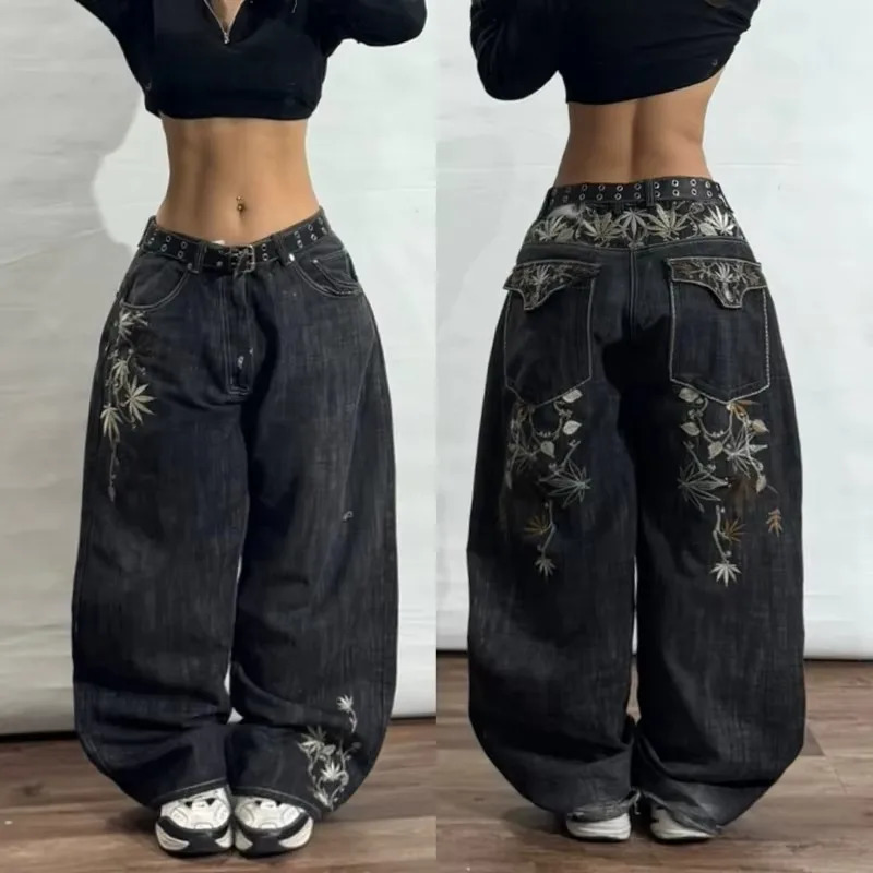 American Fashion Geometric Pattern Embroidered Baggy Jeans Women Y2K Harajuku Vintage Hiphop Casual Wideleg Pants 251023