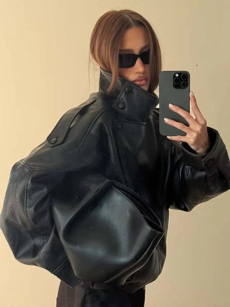 Women Leather Jackets Autumn Winter Fashion Laple Long Sleeves Zipper Loose Jacket Female High Street Elegant Coat 251020