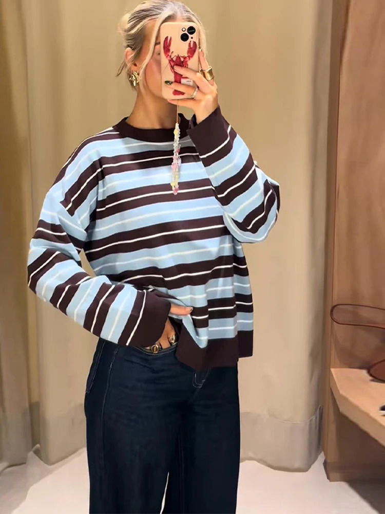 Womens Striped Crew Neck Knitted Sweater Oneck Full Sleeve Blue Brown White Top 2025 Autumn Female Casual Comfortable Pullover 251023