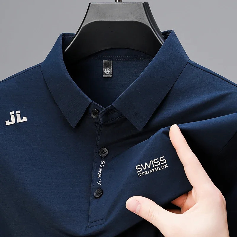 Mens Business Casual Short Sleeved Shirt with Badge Solid Color Polo Shirt Fashionable Breathable Comfortable Versatile Top 251020