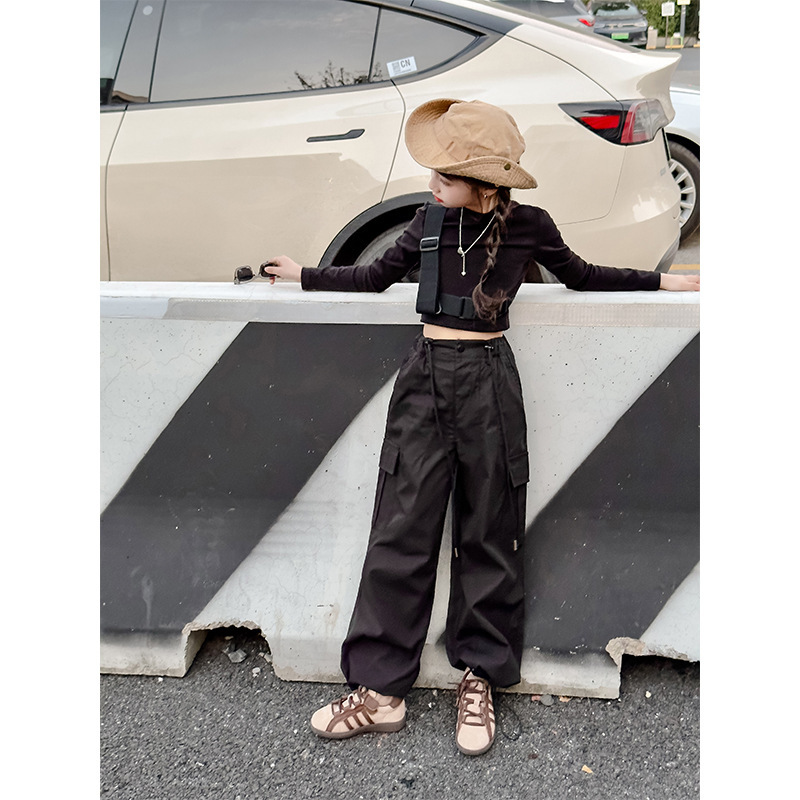 Free Shipping 2025 Spring Girls Parachute Cargo Pants, American Style High-Waisted Wide-Leg Joggers, Loose Casual Trousers for Big Kids & Teens