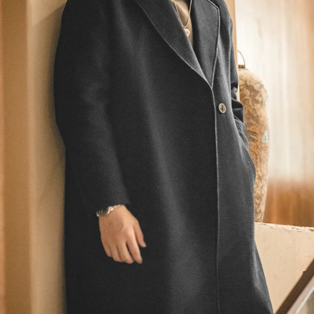 Maden Mens Vintage Heavyweight Black Woolen Overcoat Fall and Winter Season Thickened Loose Mediumlength Versatile Coat 251017