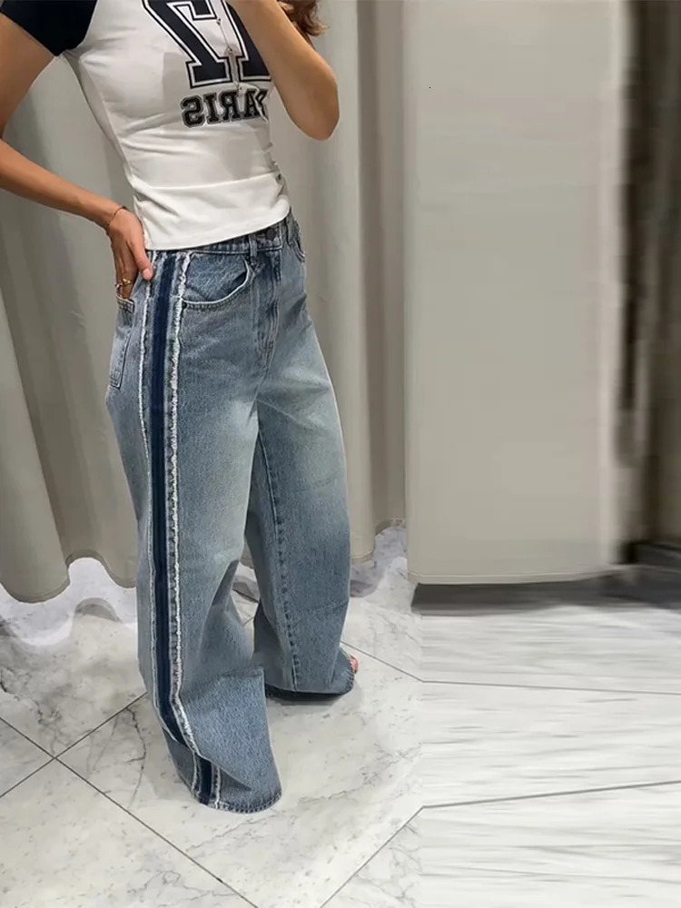 Chic Patchwork Womens Denim Jeans Pant High Waist Wide Leg Baggy Pants Trendy Spring Autumn Streetwear Casual Daily Trousers 251023