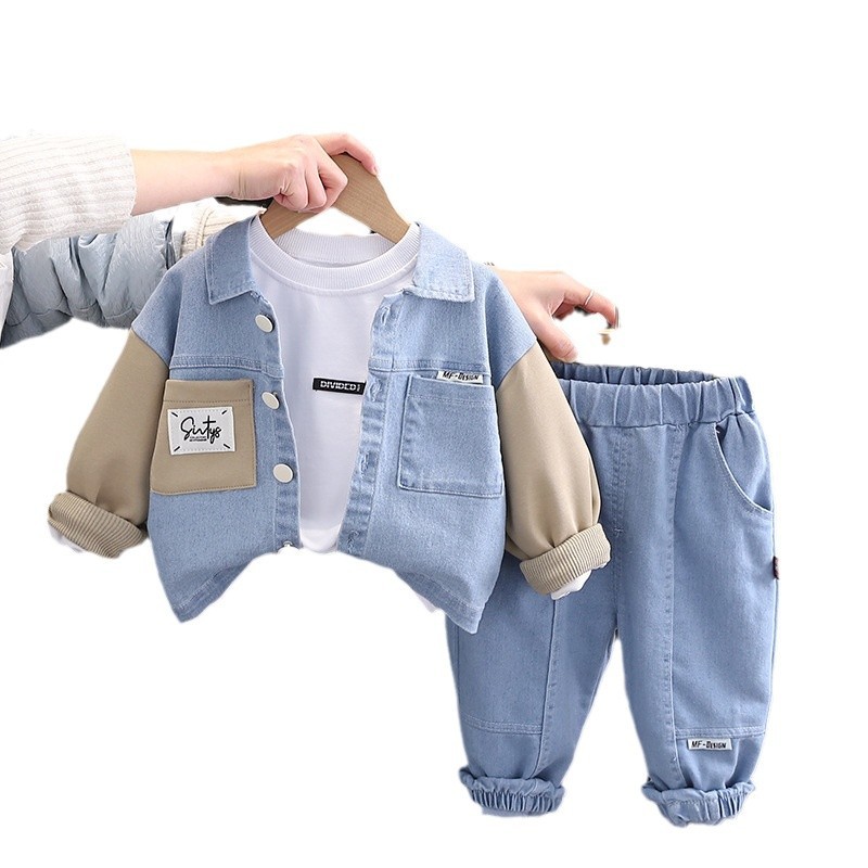 kids designer clothes 2025 Spring Autumn Boys Color Block Denim 3-Piece Set, Casual Long Sleeve Outfit with Jeans & Shirt, Trendy Toddler Clothes