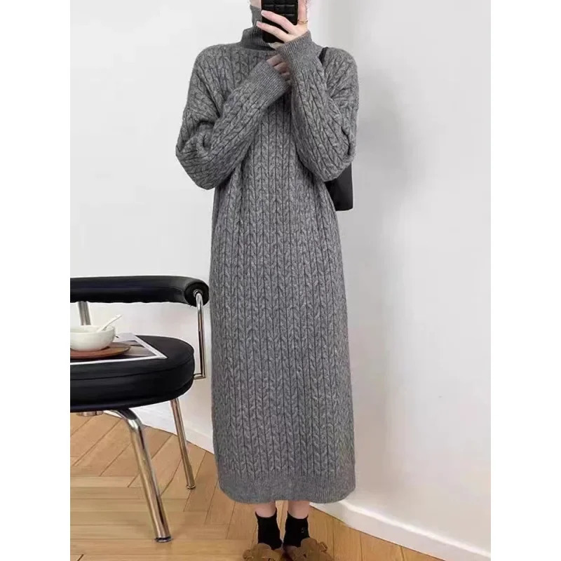Thick Knitted Long Sleeve Dress Womens Loose Winter Style High Collar Long Dress Pure Color Tassel Sweater Dress 251023