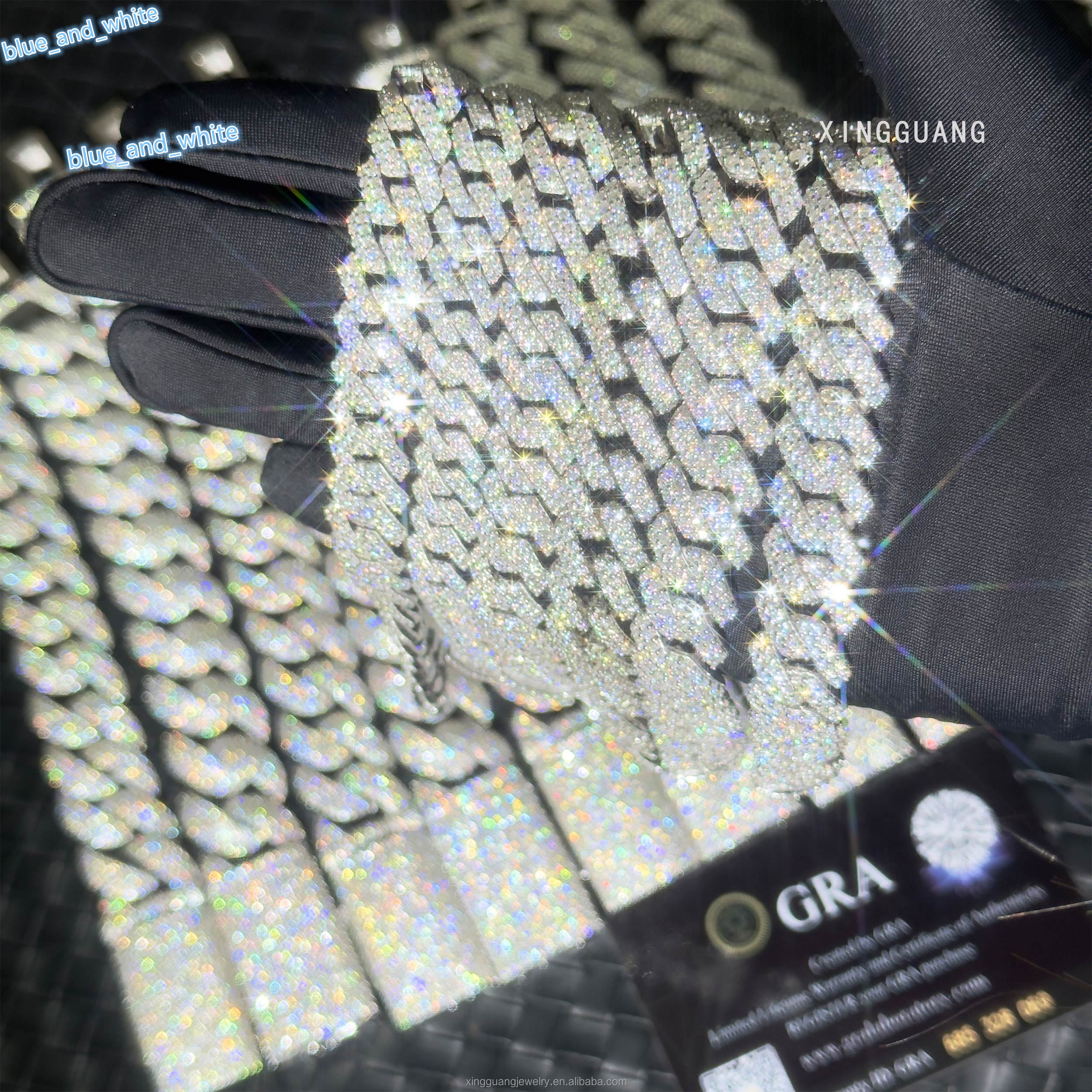 100 Pass Diamond Test VVS Moissanite Hip Hop Jewelry 2rows 8mm 10mm 12mm 15mm Diamond Cuban Link Chain 925 Silver Necklace