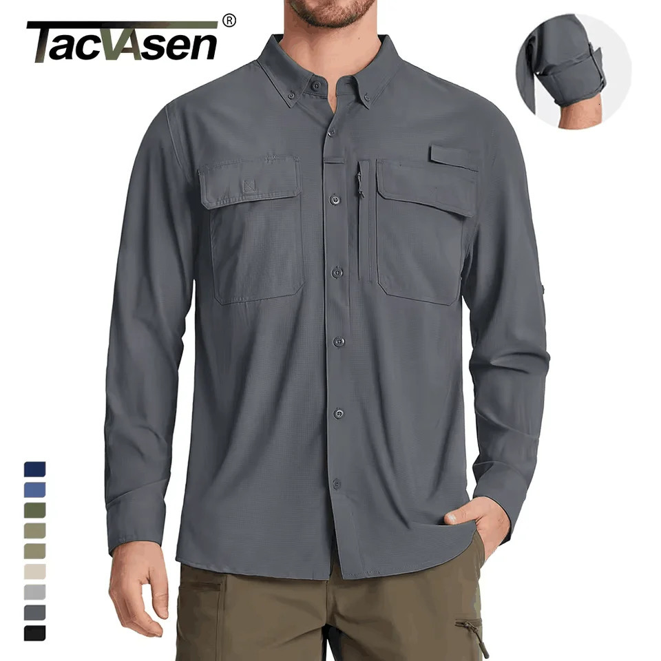 TACVASEN UPF 50 Sun Protection Fishing Shirts Mens Quick Dry Long Sleeve Shirts Mesh Breathable Hiking Work Cargo Shirts 251023