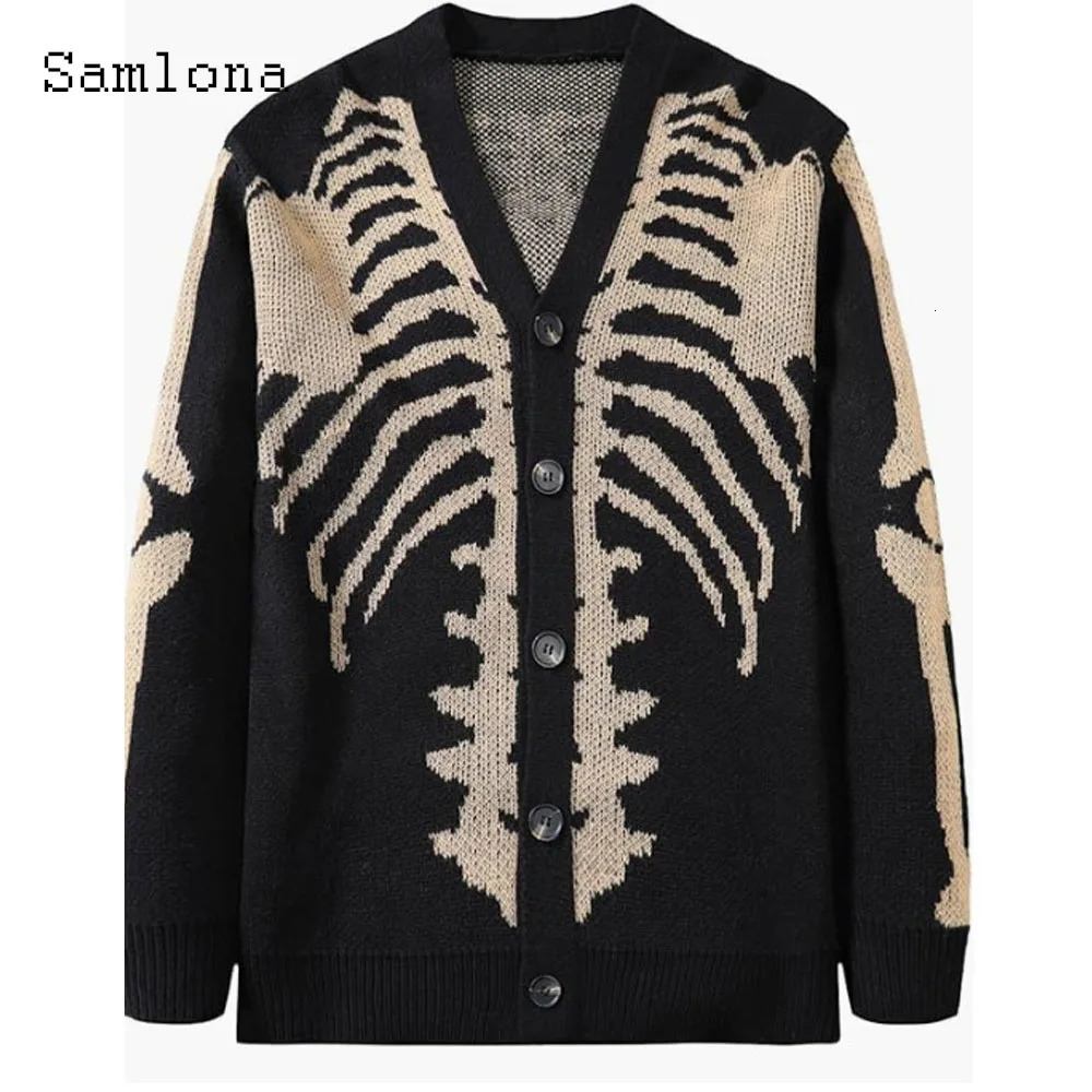 Plus Size Mens Casual Retro Knitted Sweaters Halloween Gothic Fashion Skull Print Top Cardigan Mens Collarless Sweater 251020