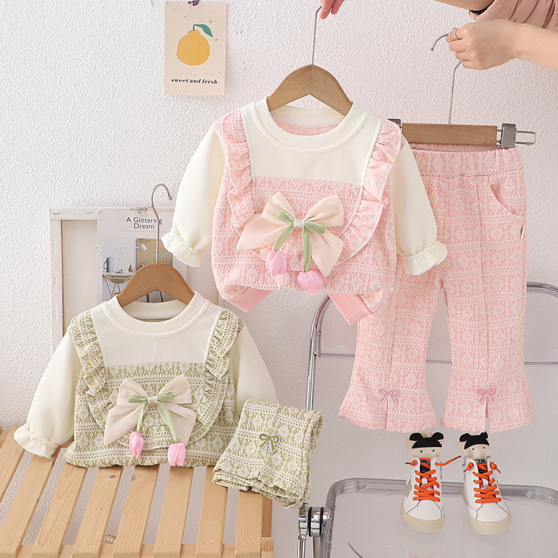 Free Shipping 2025 Girls Tulip Bow 2-Piece Set, Spring Autumn Fashion Outfit for Baby Girl, Cute Toddler Clothes for Little Girls