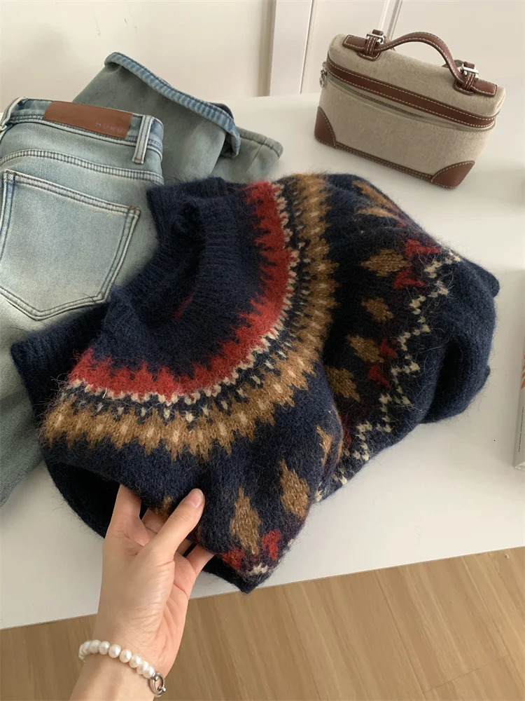 Contrasting Jacquard For Women Loose Casual Thick And Warm 24autumnwinter Wool Knit Sweater 251023