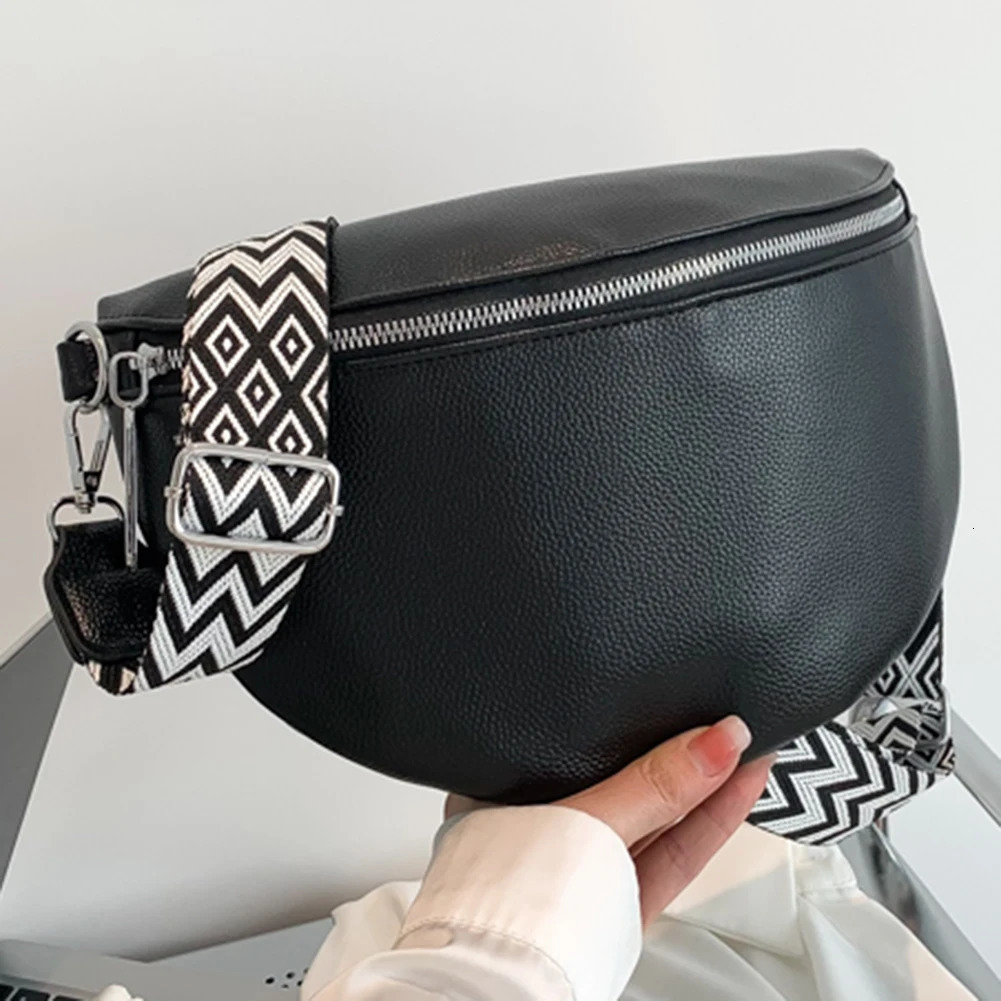 Crossbody Bag Wide Jacquard Strap Traveling Chest Bag PU Leather Fashion Casual Solid Color Portable Simple for Outdoor Hiking 251023