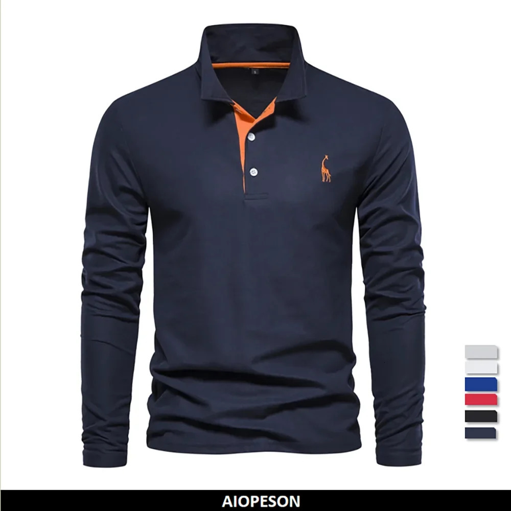 Mens Deer Embroidery Polo Shirts Solid Color Long Sleeve Social Business Male 251020