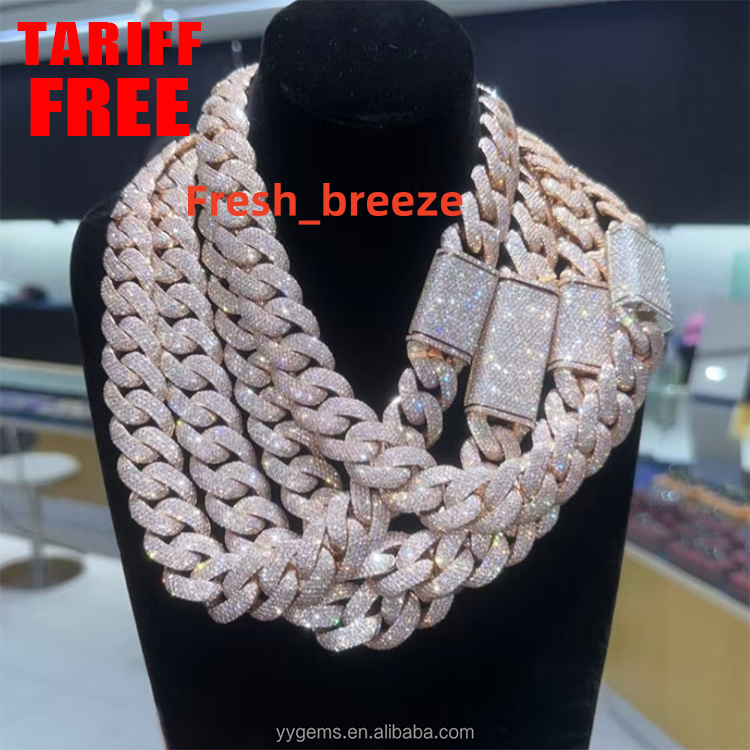 Ready to Ship Gold Plated 22mm Full Iced Out VVS Moissanite Diamond S925 Sterling Silver Cuban Link Chain with GRA Certificate