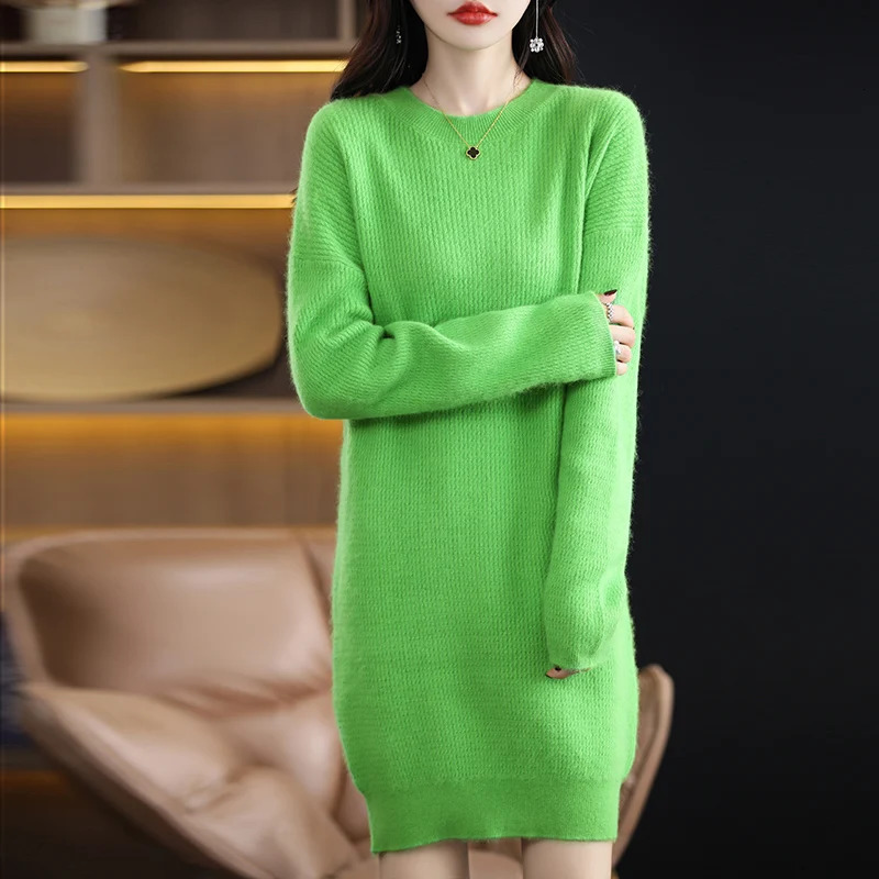 Autumn Winter Round Neck Mink Cashmere Dress Womens Fashion Loose Slim Long Sleeve Pullover Long Skirt Korean Version 251023