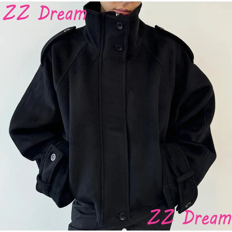 Fashion Short Woolen Coat For Women Stand Collar Full Sleeve Loose Zipper Jacket Female Autumn Winter Solid Lady Outwear 251020