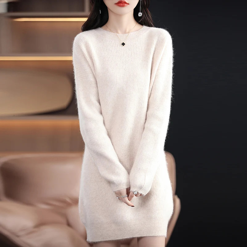 Autumn Winter Round Neck Mink Cashmere Dress Womens Fashion Loose Slim Long Sleeve Pullover Long Skirt Korean Version 251023
