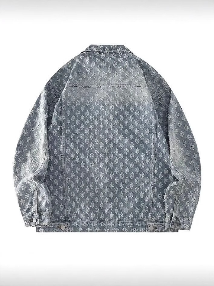 Men's Denim Washed Jacket Jacquard Pattern High street Loosen Fit Vintage design Coats COTTON Jackets Tops Males Casual Winter Clothes Asian Size