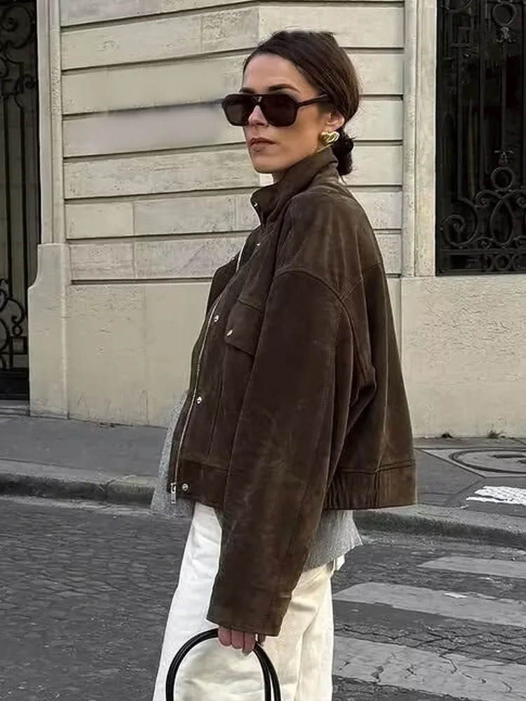HH Womens Autumn Fashion Suede Textured Jacket Female Long Sleeves High Neck Pockets Decorative Zipper Vintage Street Coats 251020