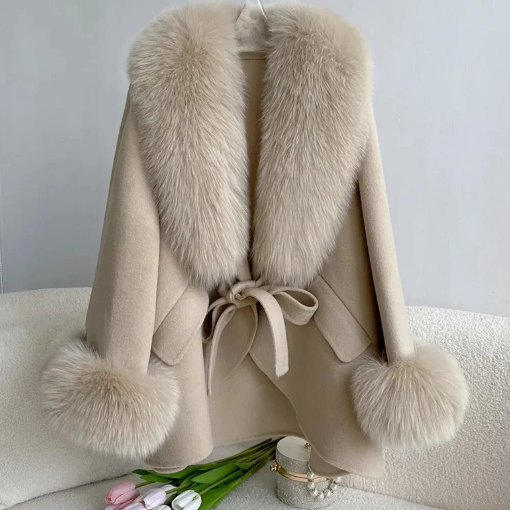 2024 Real Fur Coat Winter Autumn Women Woolen Jacket Big Detachable Collar Loose Cashmere Blends Fashion Cloak 251014