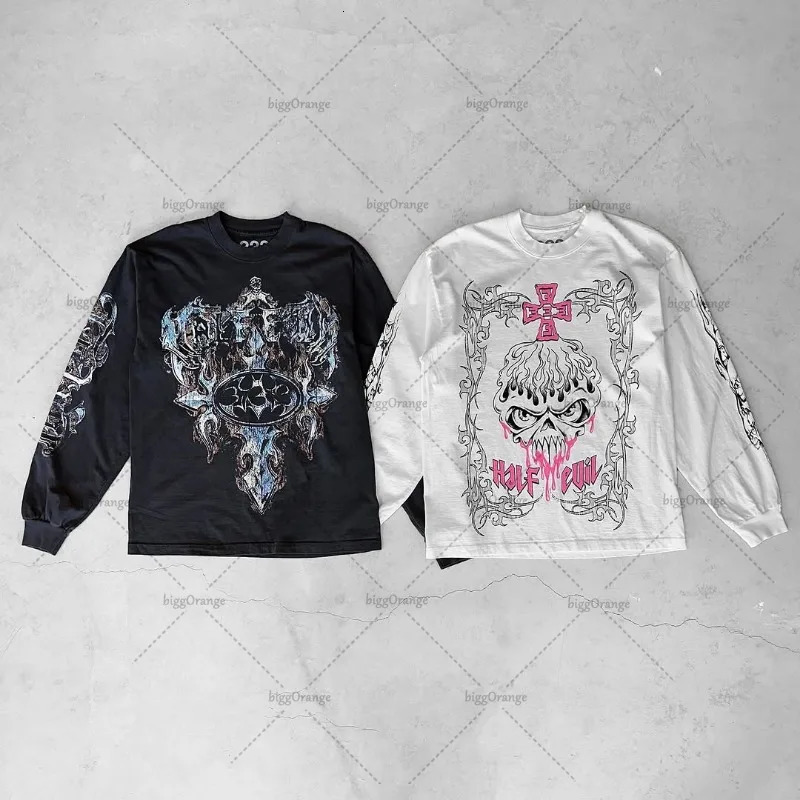 Gothic punk Retro Streetwear Tops Men Hiphop Harajuku Flame Print Long Sleeve High Street Round Neck Casual Oversized Tshirt 251020