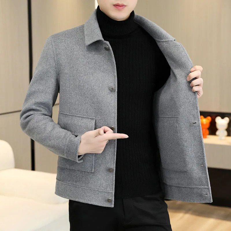 Mens Handstitched Singlebreasted Lapel Wool Coat Autumn Winter Short Doublesided Fashion Handsome 2024 251017