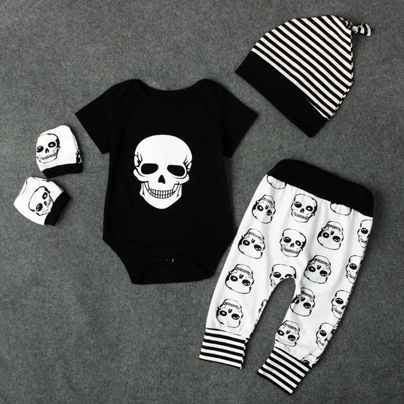 CANIS 4pcs Set born Kids Baby Boy Skull Outfits Clothes TopsLong Pants Hat Fashion High Quality 251023