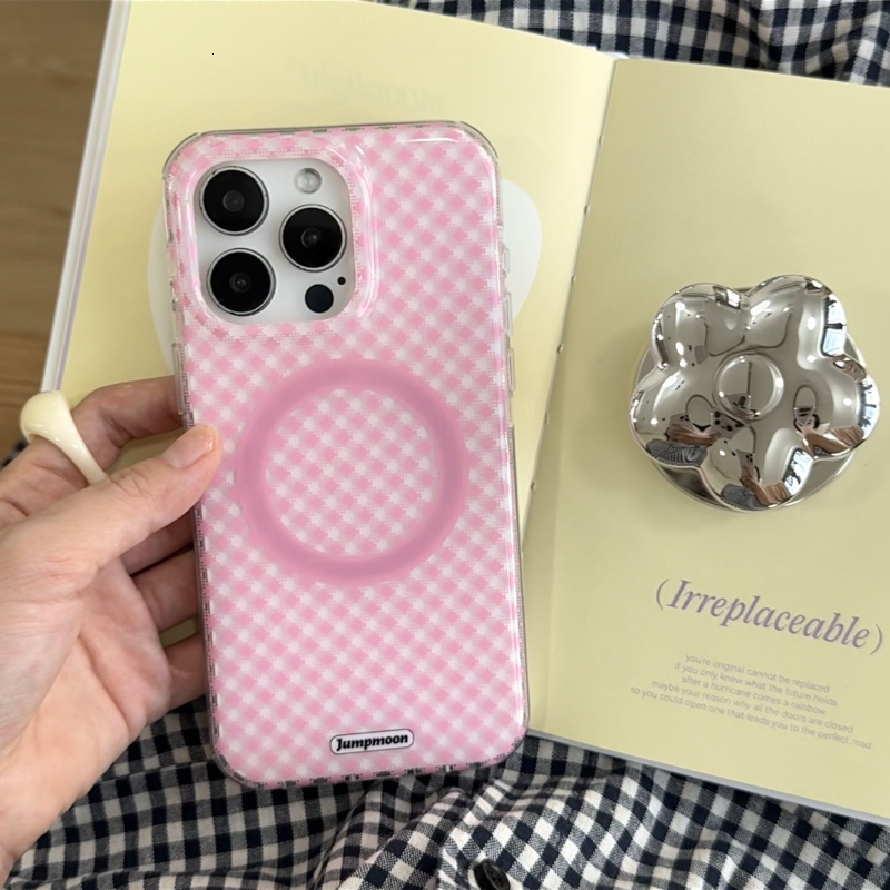 INS Pink Plaid Magnetic Compatible iPhone 16 Pro Case 15 Korean Style 14P, M Full Coverage 13 Girl