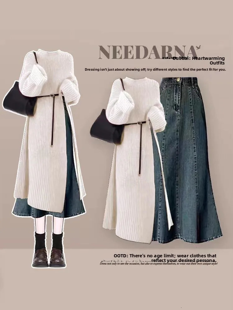 Hebe Sle Autumn Winter Knitted Sweater And Denim Skirt Set Womens Loose Fit Long Sve round Ne Two Piece Outfit 251020