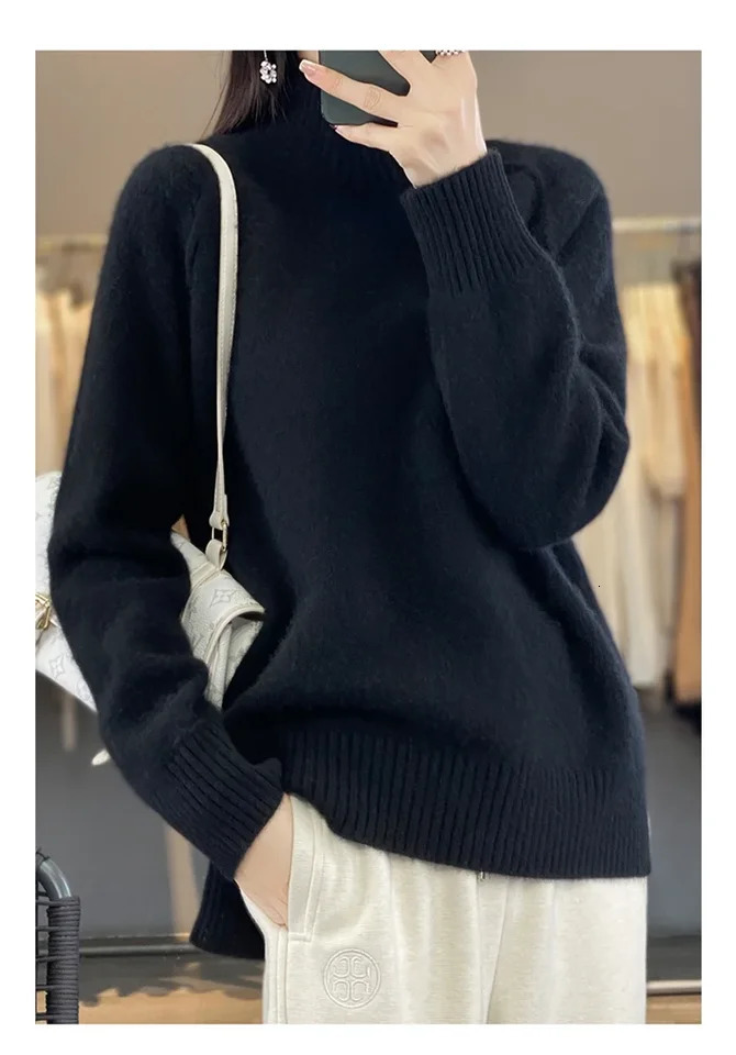 Womens HighNecked Cashmere Sweater 100 Soft Wool Thickened Lazy Raglan Sweater with Slit for Autumn Winter Comfortable Waxy W 251023