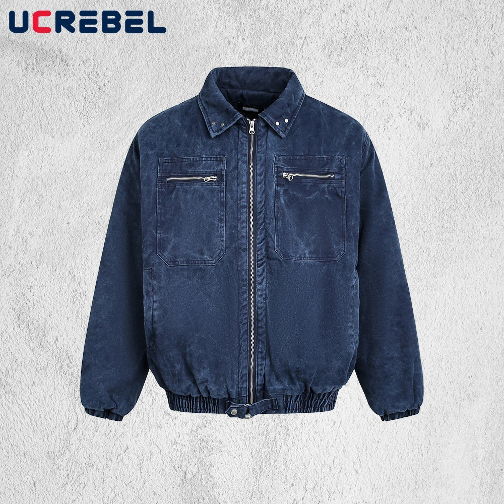 Pocket Denim Quilted Jacket Mens Winter High Street Washed Distressed Thick Lapel Long Sleeve Padded Man 251017