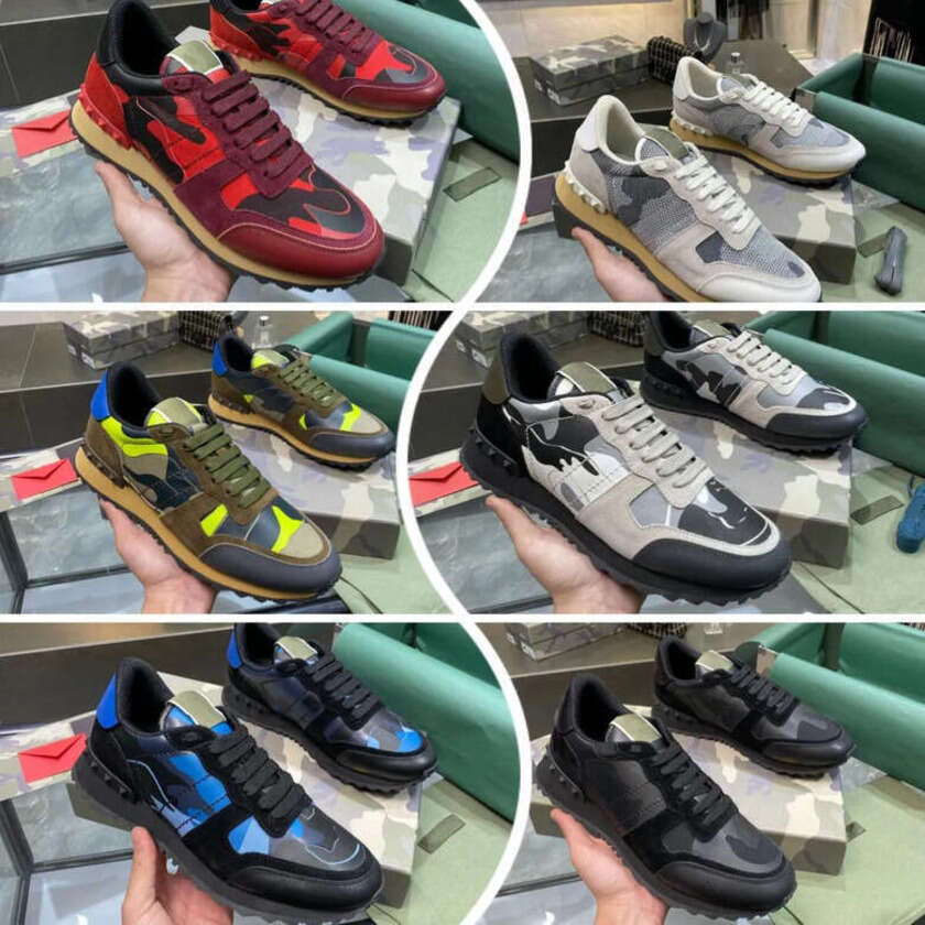 Designer Sneakers Men Women Camouflage Rivet Casual Shoes Mesh Camo Suede Leather Trainers Rockrunner Chaussures Studded Flats Shoe Everyday Daily