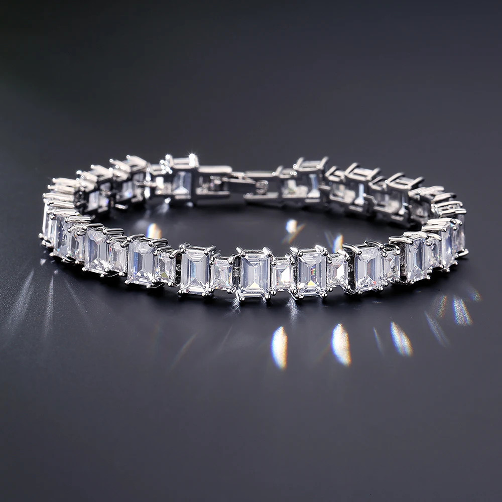 TrendMen HiphopRock Trendy Square Zirconia Tennis Bracelets For Fashion Men Women Silver Color Crystal Wristlet Jewelry Bangles 251023