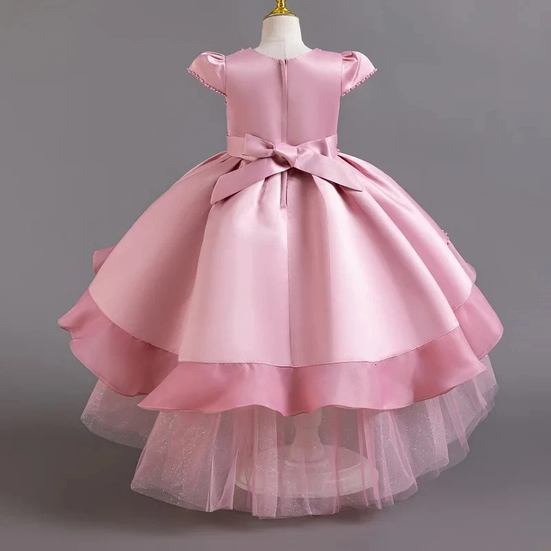 Girls pearl Birthday Beaded Flower Tail Fluffy Dress 412 years old Girls Embroidered Sequin Wedding Girls Princess Dress 251023