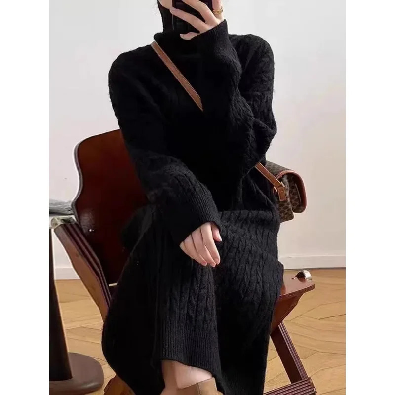 Thick Knitted Long Sleeve Dress Womens Loose Winter Style High Collar Long Dress Pure Color Tassel Sweater Dress 251023